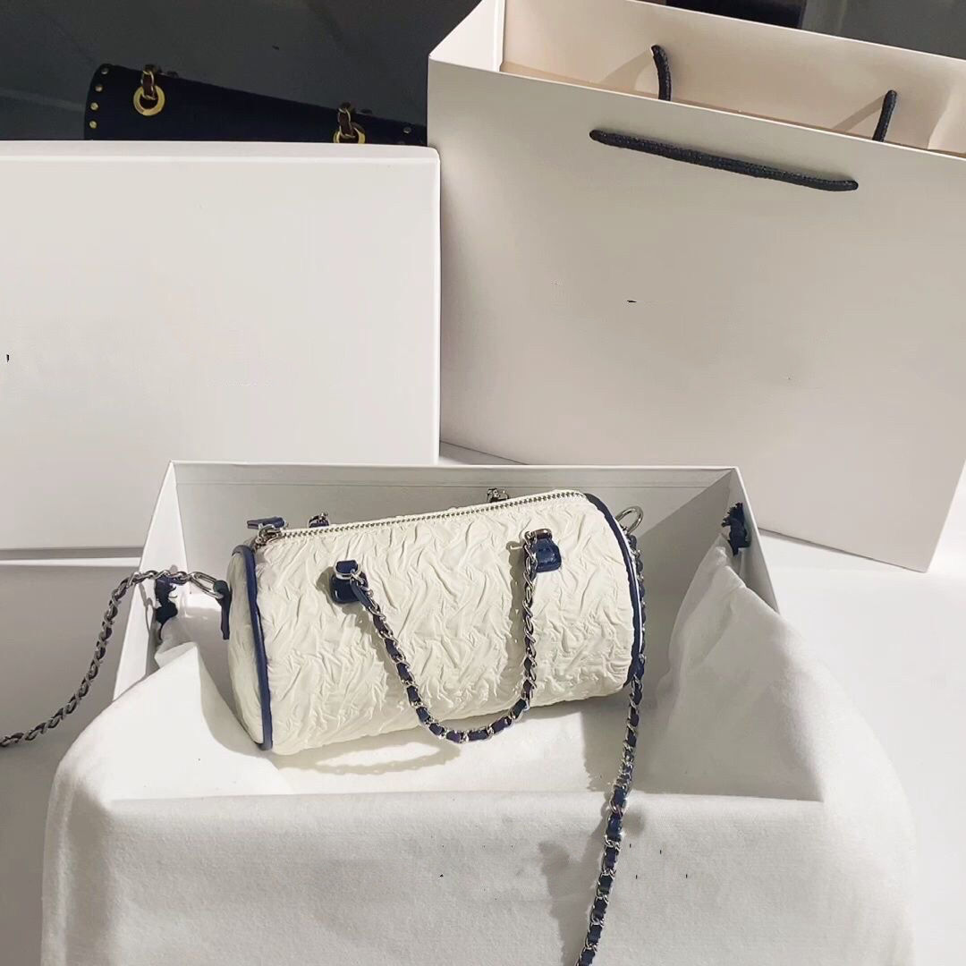 Fashionable and trendy high-end small round bag 2024 new pleated cylindrical bag chain shoulder bag