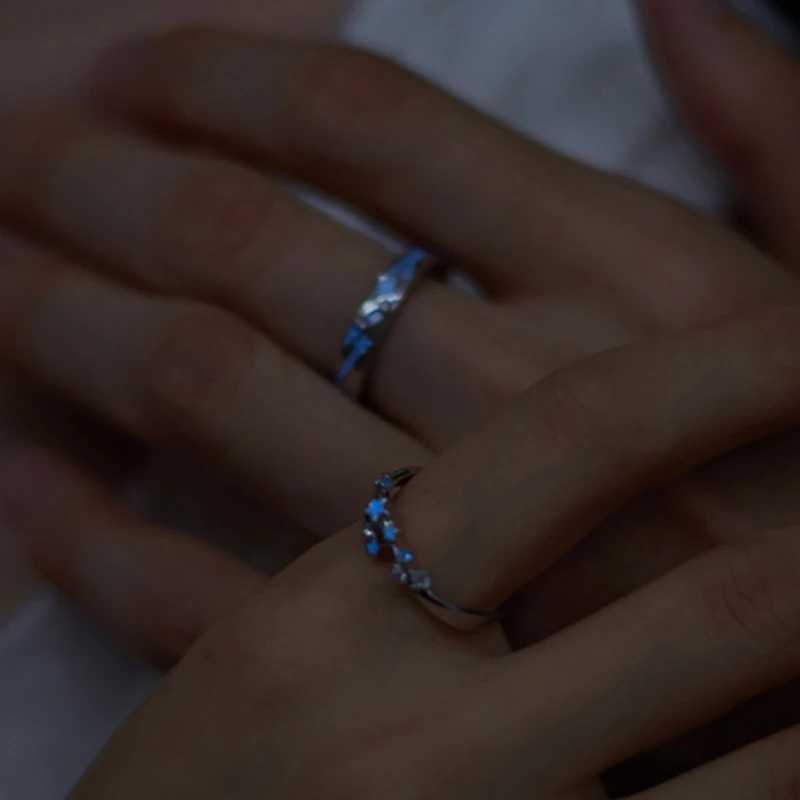 Fashion Exquisite Blue Luminous Star Couple Ring Fluorescent Zircon Ring For Women Men Adjustable Finger Rings Jewelry GiftsX240921