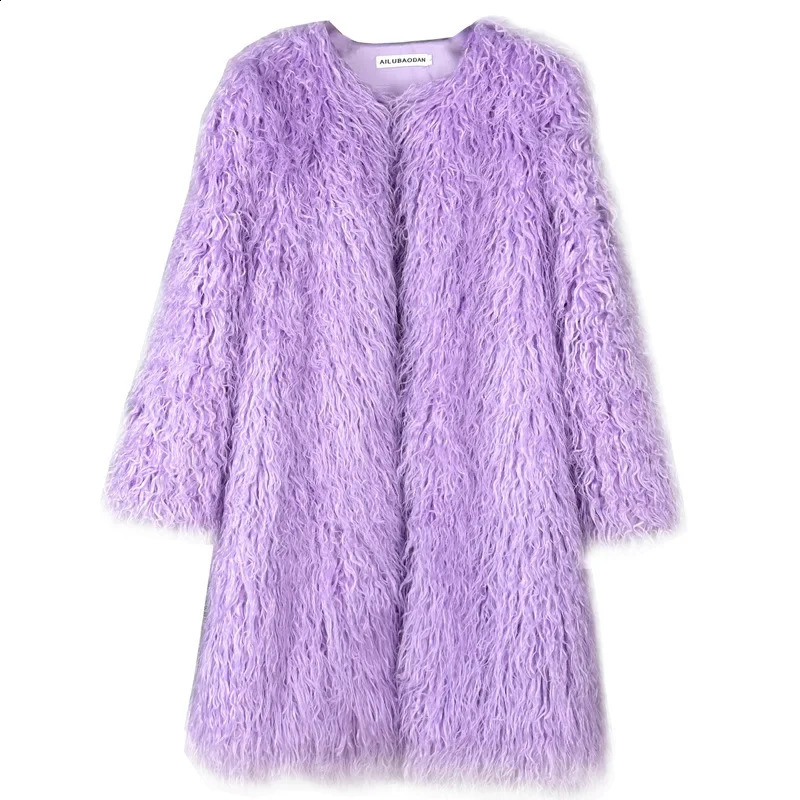Long Pink Faux Fur Coat Women Clothing O-Neck Plush Jacket Winter Coat Female Overcoat Fluffy Jacket Teddy in Outerwears 240911