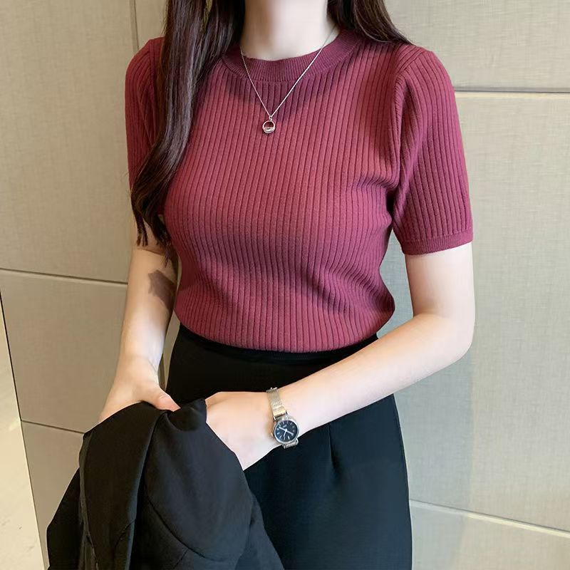 Summer new pullover solid color designer T-shirt women's fashion slim Western short-sleeved sweater