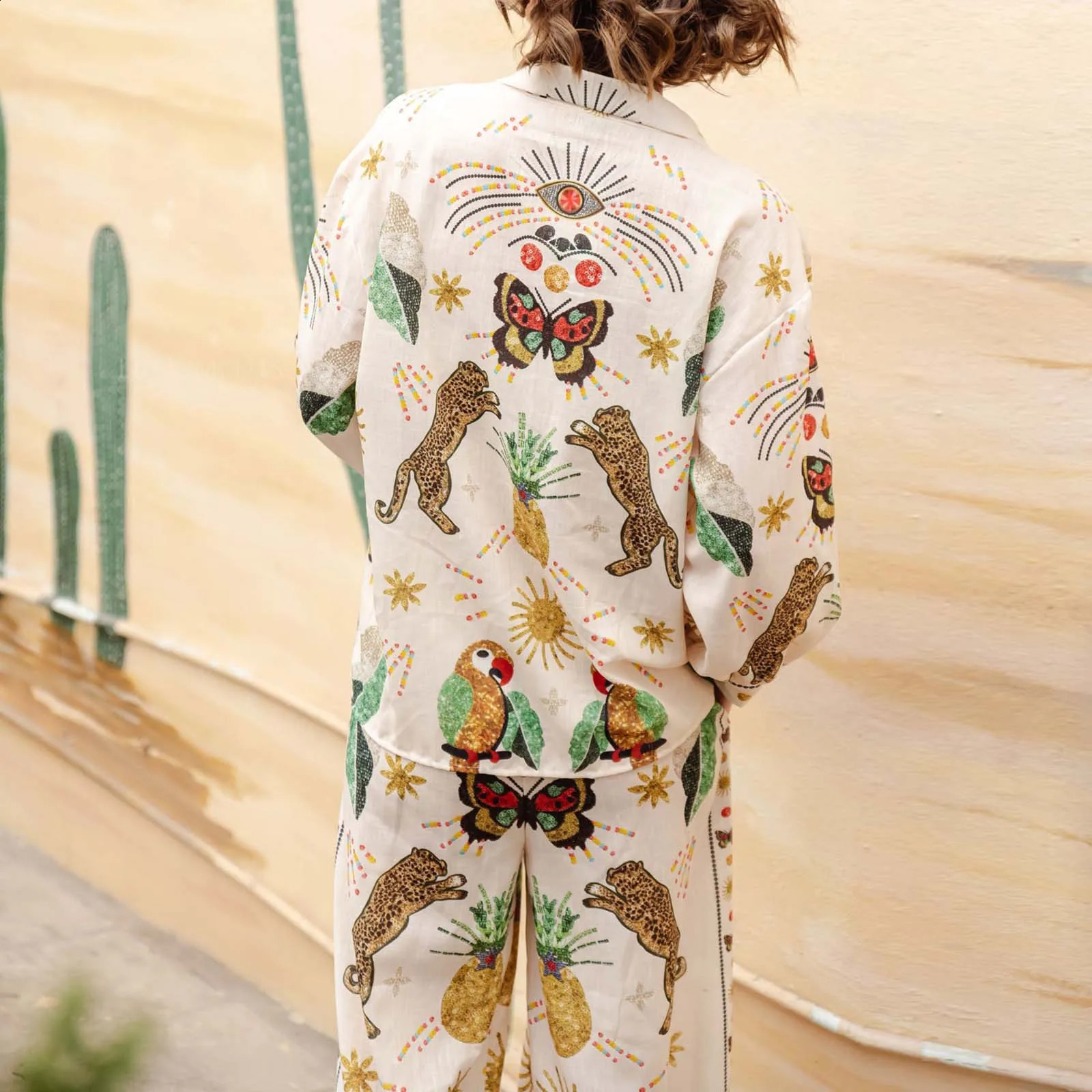 Womens Y2K 2Piece Aesthetic Allover Printed Set Long Sleeve Lapel Button TShirtElastic Waist Wide Legs Long Pants 240921