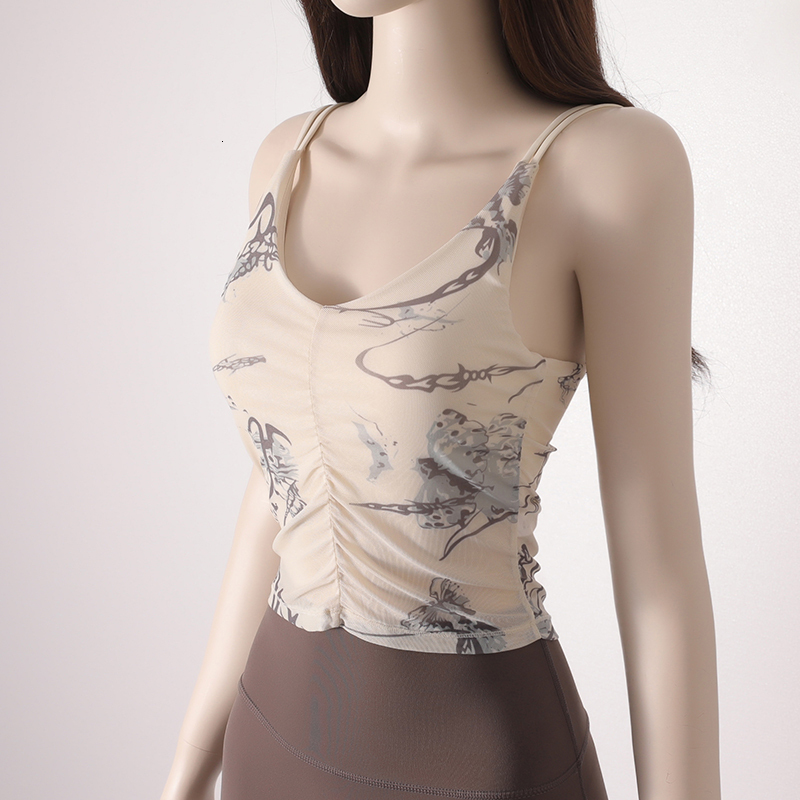 Women's Beauty Back Halter Fixed One-Piece Chest Pad Sports Underwear Printed Pleated Crop Top Yoga Bra