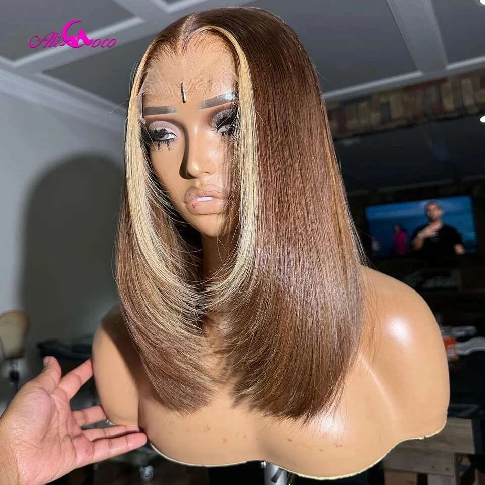 Brown Short Straight Bob Human Wigs Pre-Plucked With Baby Hair Honey Blonde Colored Lace Frontal Wig For Women