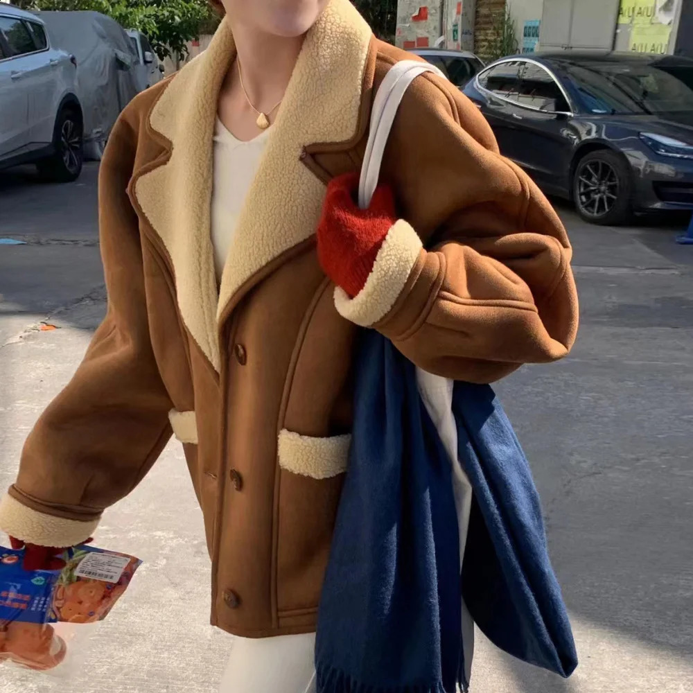 Winter Vintage leather and lamb fur Sheepskin Suede Jacket for Women Single Breasted Plush Coats Full Sleeve Outerwears 240919