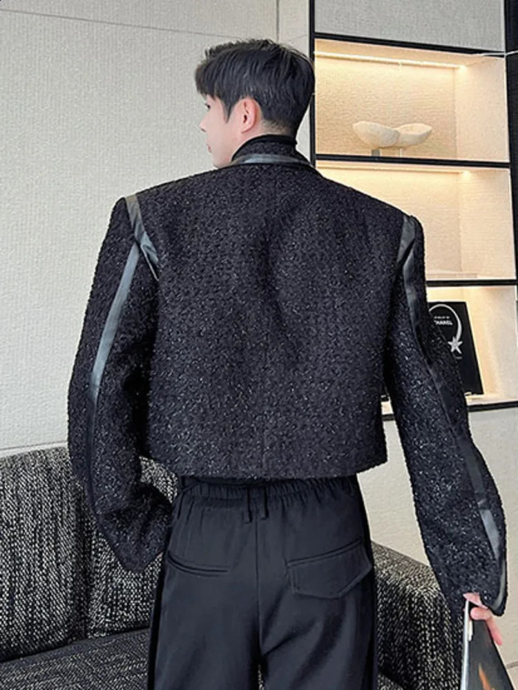 Mens Wear Spring Autumn PU Leather Patchwork Short Korean Style Loose Tweed Coat Single Button Wool Jackets 240911