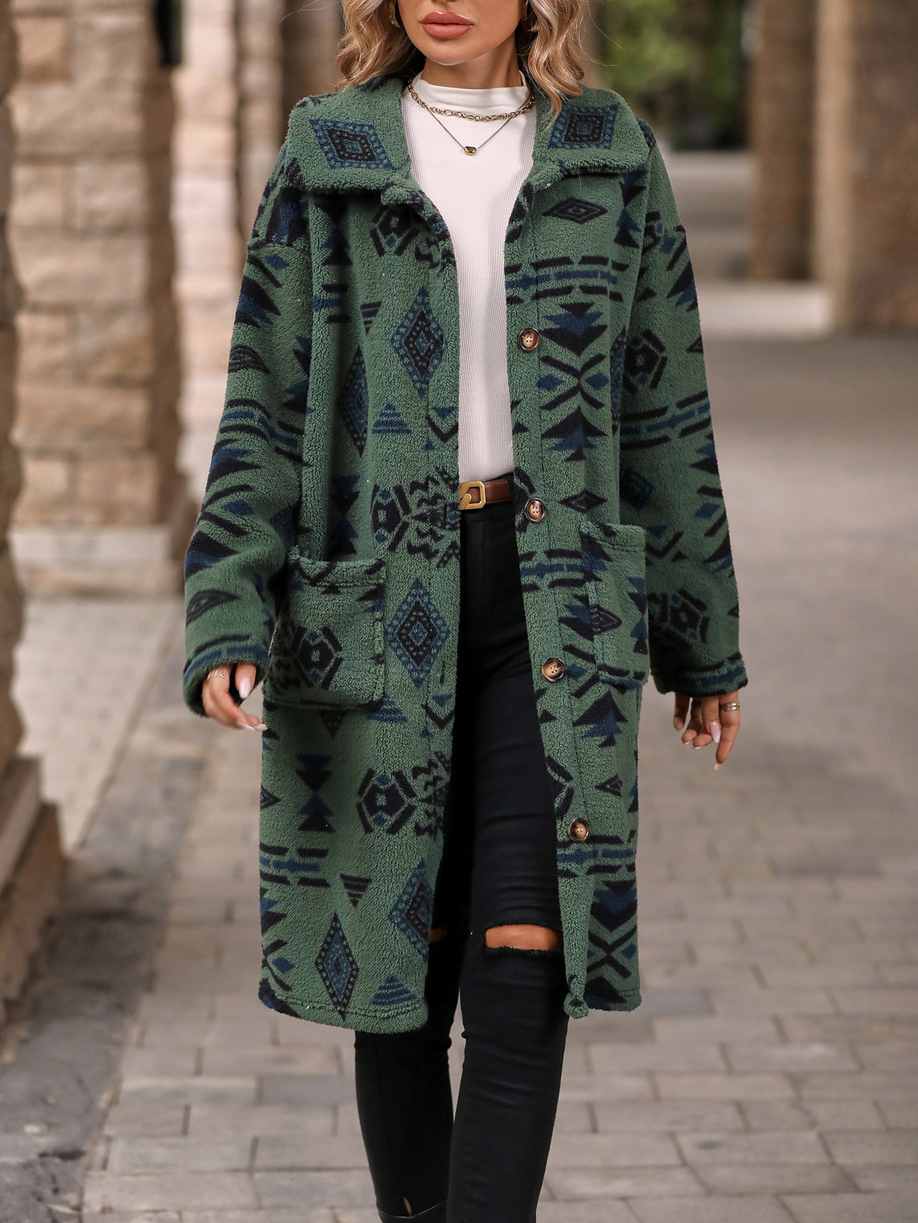 Velvet Autumn/winter New Womens Single Breasted Ethnic Style Printed Plush Long Coat Jacket