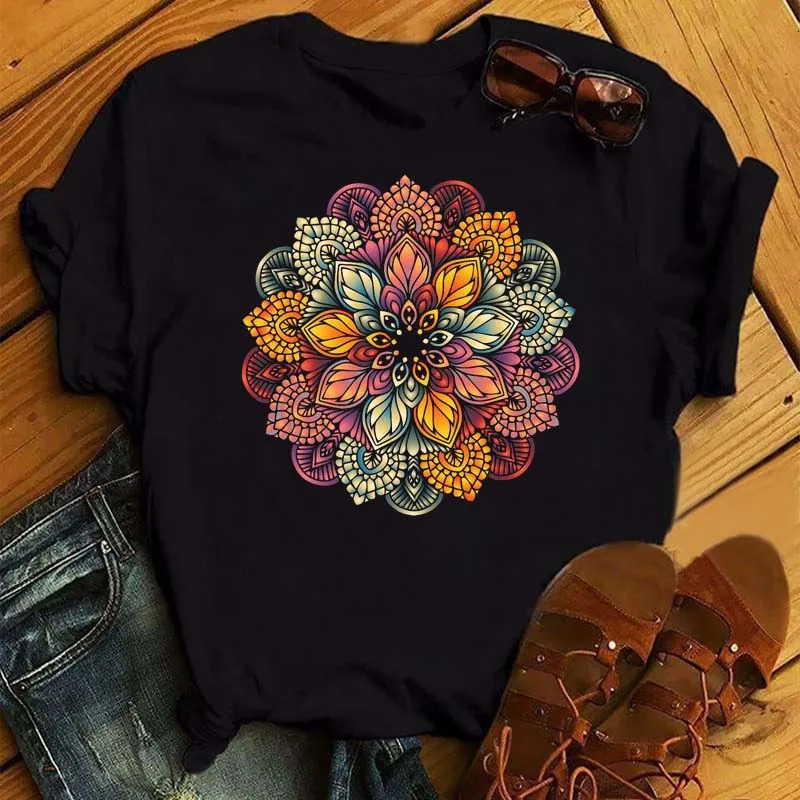 2024 New Plus Size New Mandala Printed T-shirt for Women's Casual Fashion T-shirt Loose Short Sleeve 90s Girls' Aesthetic Top Shipping