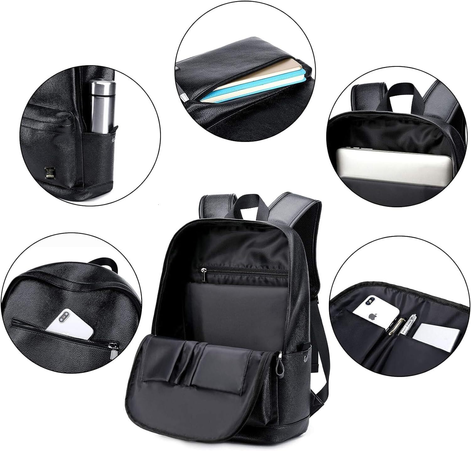 Black Leather Men Women Work Travel, Lightweight School Bookbag for College Students, Waterproof Casual Daypack Computer Backpack fits 15.6 Inch Lapto