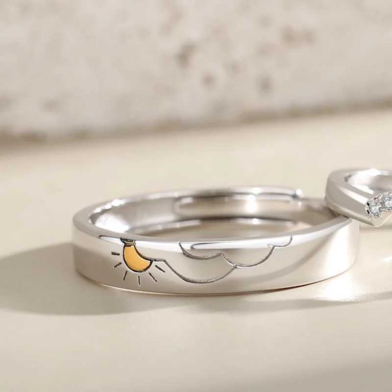 Silver-Plate French Drop Glaze Romantic Couple Ring Simple Personalized Sun Moon Titanium Steel Open Rings Valentines Day GiftX240921