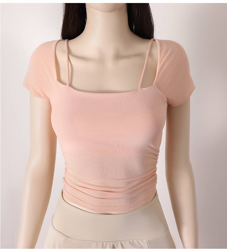 Spring Summer Sexy Outer Wear With Chest Pad Pleated Slim Yoga Fiess Women Sports T-Shirt