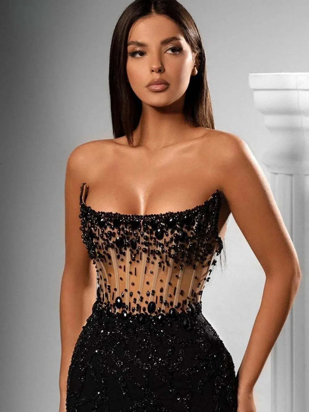 Modern Beaded Black Prom Dresses Side Split Pearls Sequins Long Strapless Corset Formal Evening Dress Luxurious Birthday Party Pageant Special Occasio