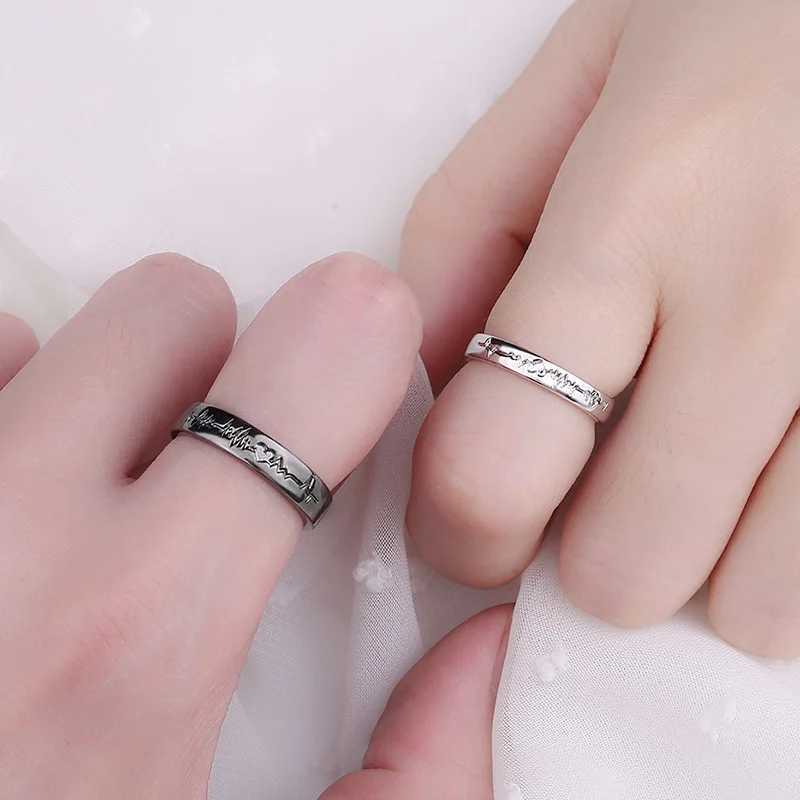 2Pcs Love Heart Electrocardiogram Couple Open Rings For Women Men Lover Black Silver Color Engagement Wedding ValentineDay GiftX240921
