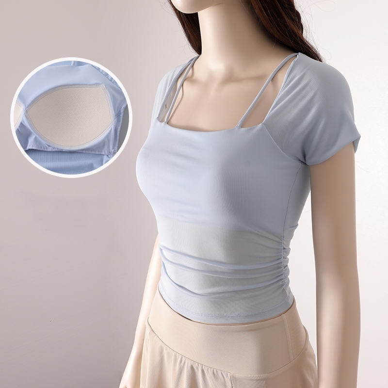 Spring Summer Sexy Outer Wear With Chest Pad Pleated Slim Yoga Fiess Women Sports T-Shirt