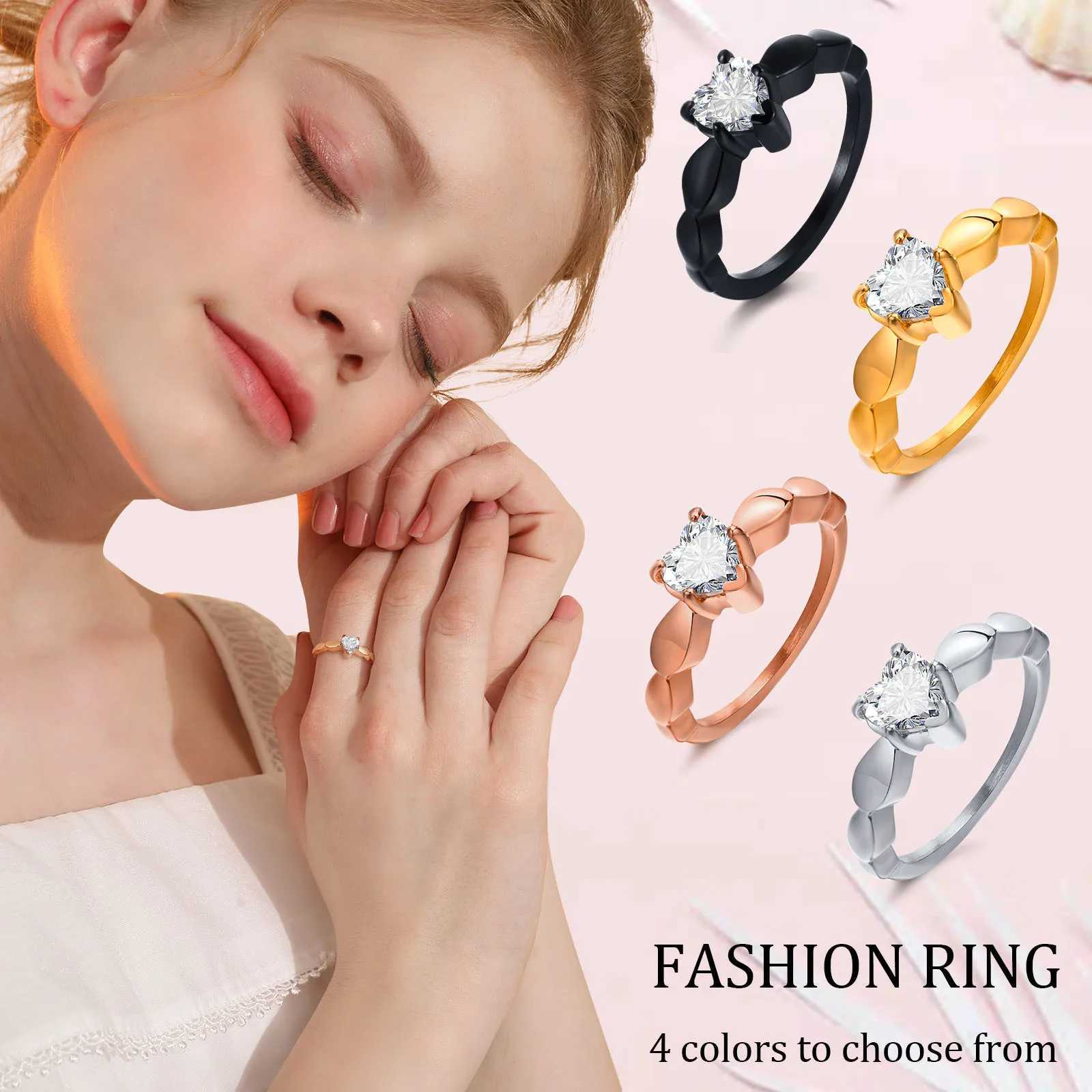 Vnox Romantic Heart CZ Stone Couple Wedding Rings for Women Men Black Color Stainless Steel Bands Engagement Jewelry Love GiftX240921