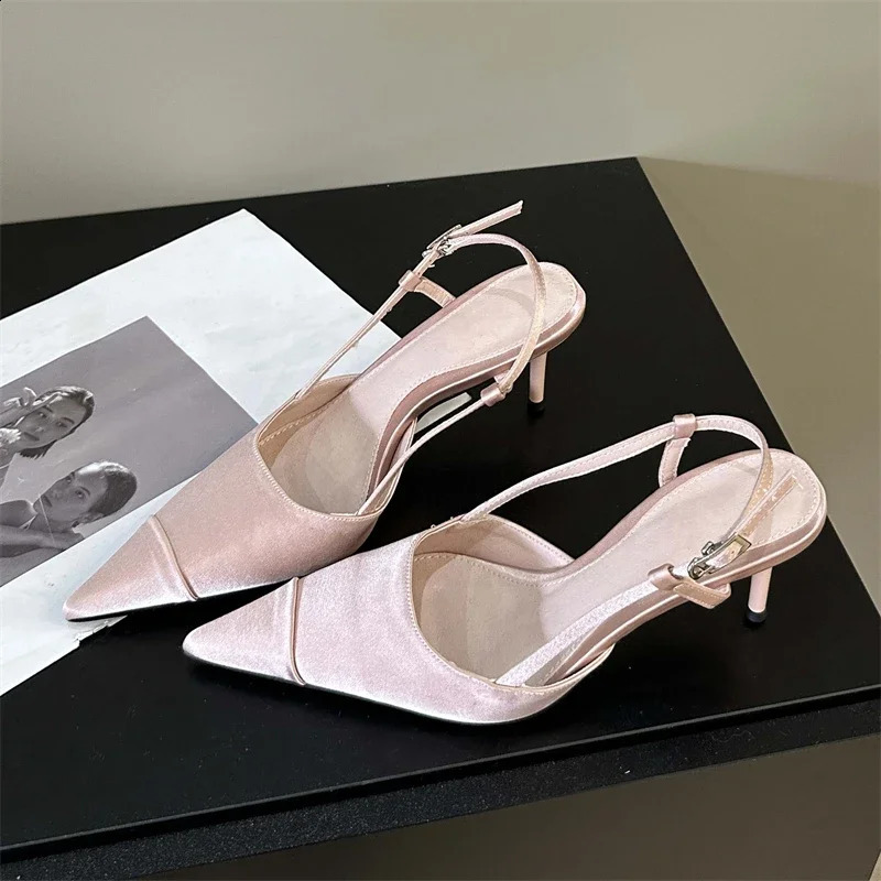 Eilyken high-quality satin buckle strap womens pump sandals fashionable shallow toe heel strap mule shoes 240919