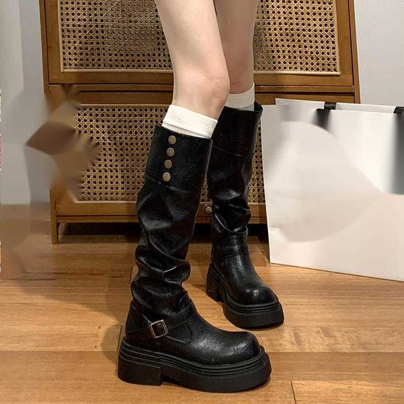 CMM Black British Thick Soled Boots for Women New Spring and Autumn Season Height Increasing and Slimming Knight Boots