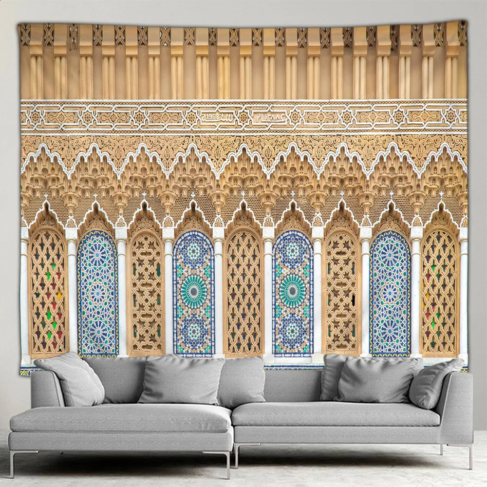 Moroccan architectural tapestry retro Islamic geometric pattern wall hanging Bohemian living room home decoration mural painting 240919