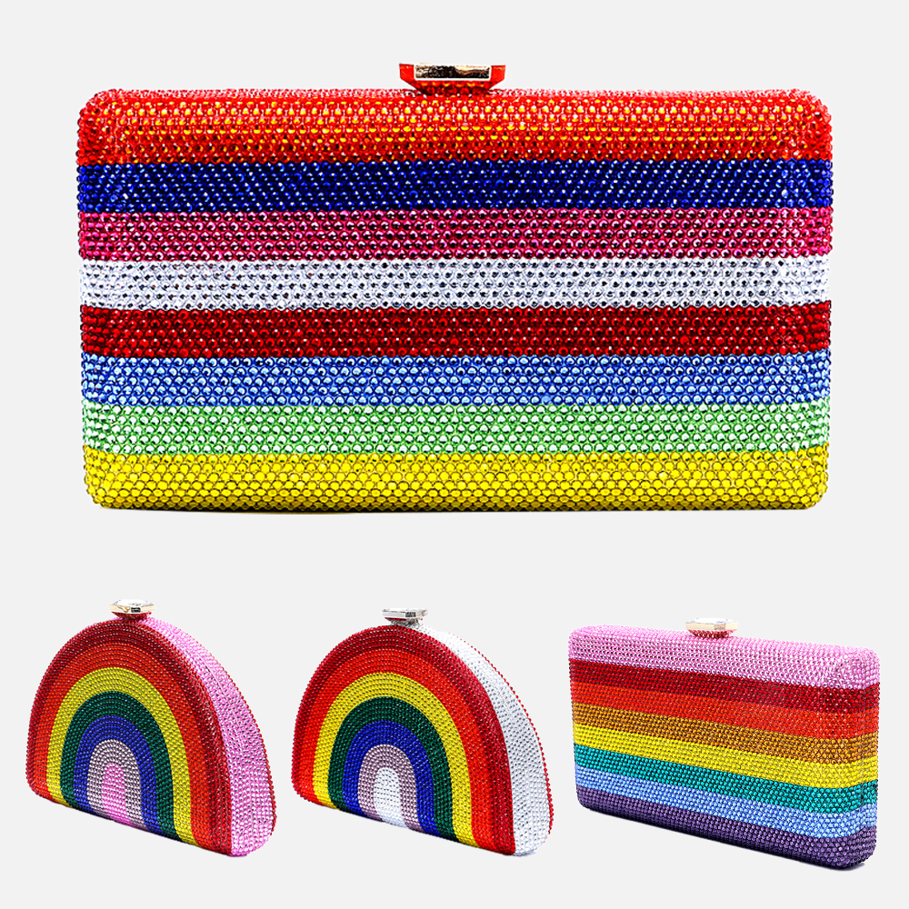 2024 New Latest Design Women's Rhie Handbag Wedding Gift Crystal Multi color Stripe Rainbow Dia Meal Bag Free Shipping