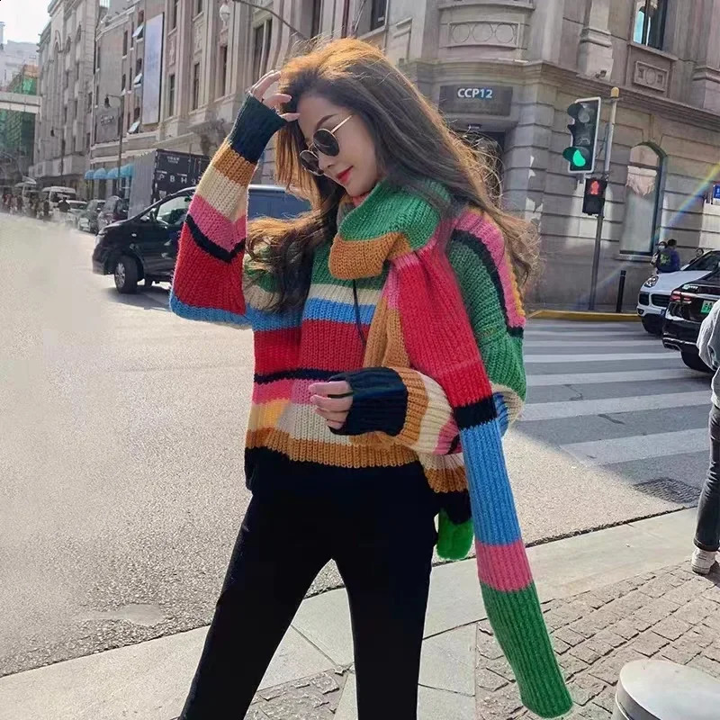 Rainbow Sweater Autumn Winter Women with Scarf Striped Knitted Tops Thick Long Sleeve Loose Jumpers Splice Y2k Pullovers 240912