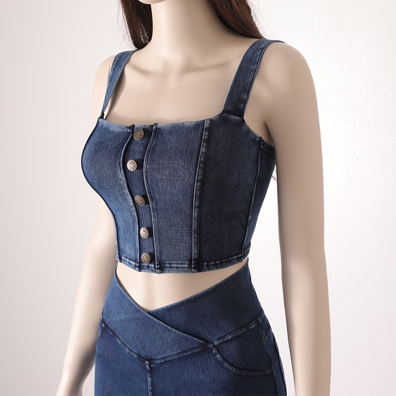 Women's Clothing Sexy Tops For Women Crop Fashion Button Front Shirred Detail Denim Top