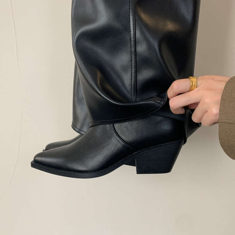 Eilyken Designer Vintage Fold Pointed Toe Women Knee-High Boots Square Low Heels Shoes Fashion Modern Long Booties