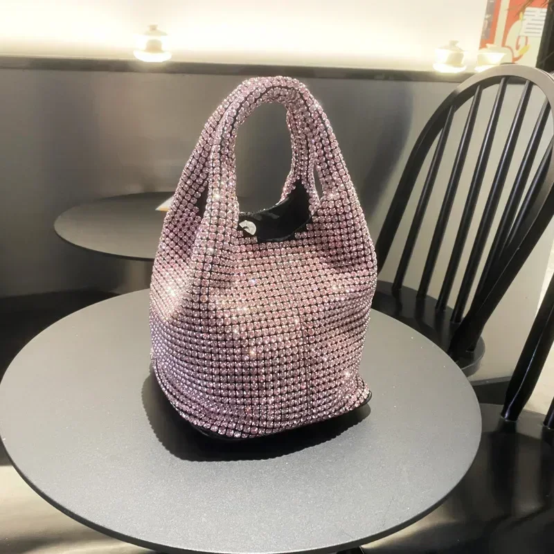 Shiny Crystal Clutch Purse Bucket Shoulder Bag TLXT Rhinestone Handmade Purses and Handbags Luxury Designer Evening Clutch Bag Purse Vanity Bag