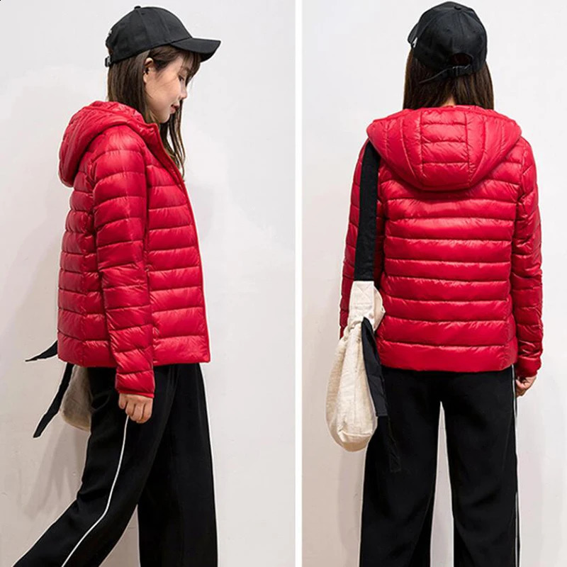 Winter down jacket womens short jacket ultra-thin hooded warm thin white duck down jacket Parka womens jacket 240913