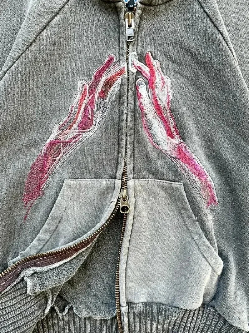 American Fashion Trend Pattern Embroidery Zipper Hoodie Men Y2K Street Hip Hop Retro Fleece Padded Sweatshirt Unisex Hooded 240913
