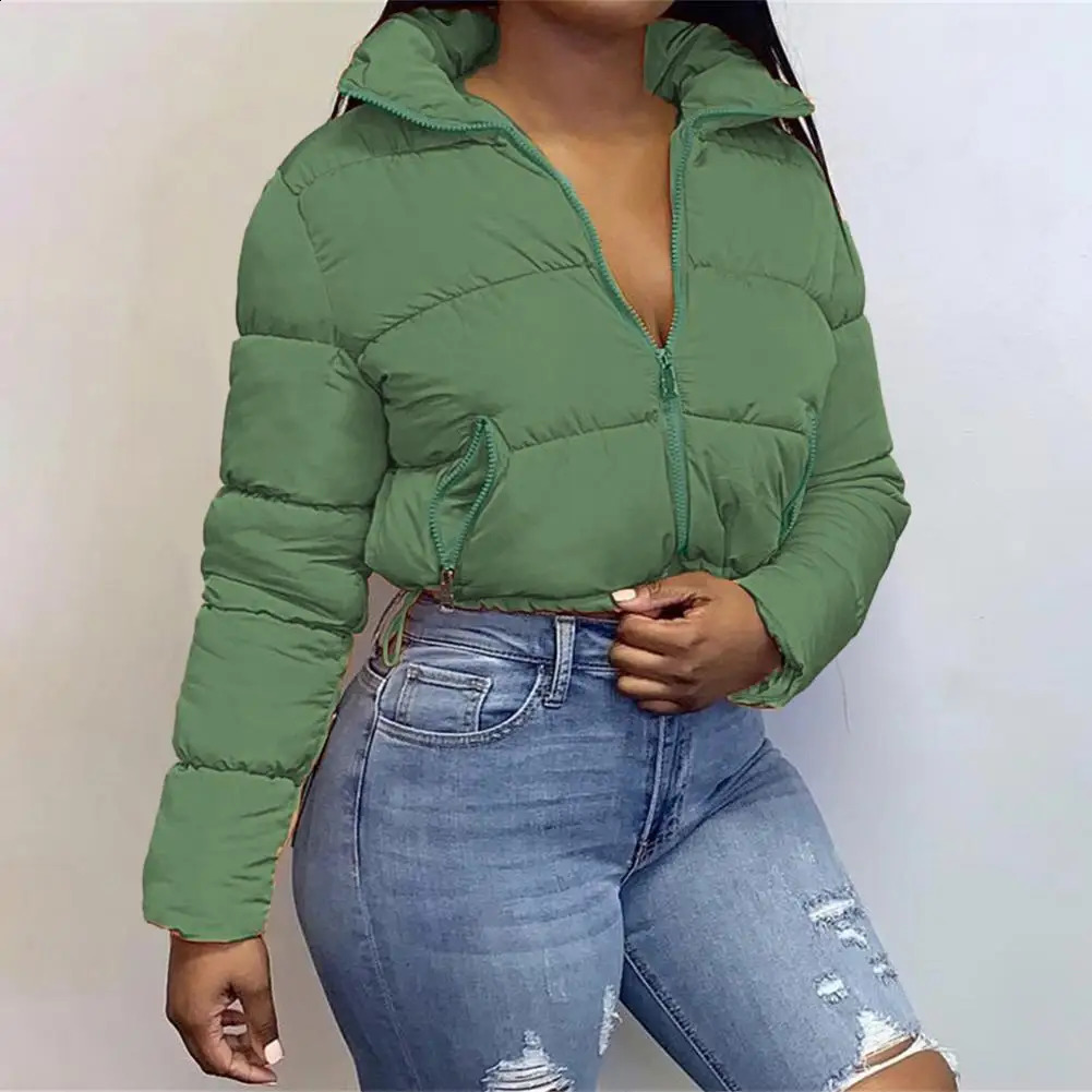 Womens winter long sleeved zipper inflatable jacket holder collar for warmth Parka fashion short thick bubble 240921