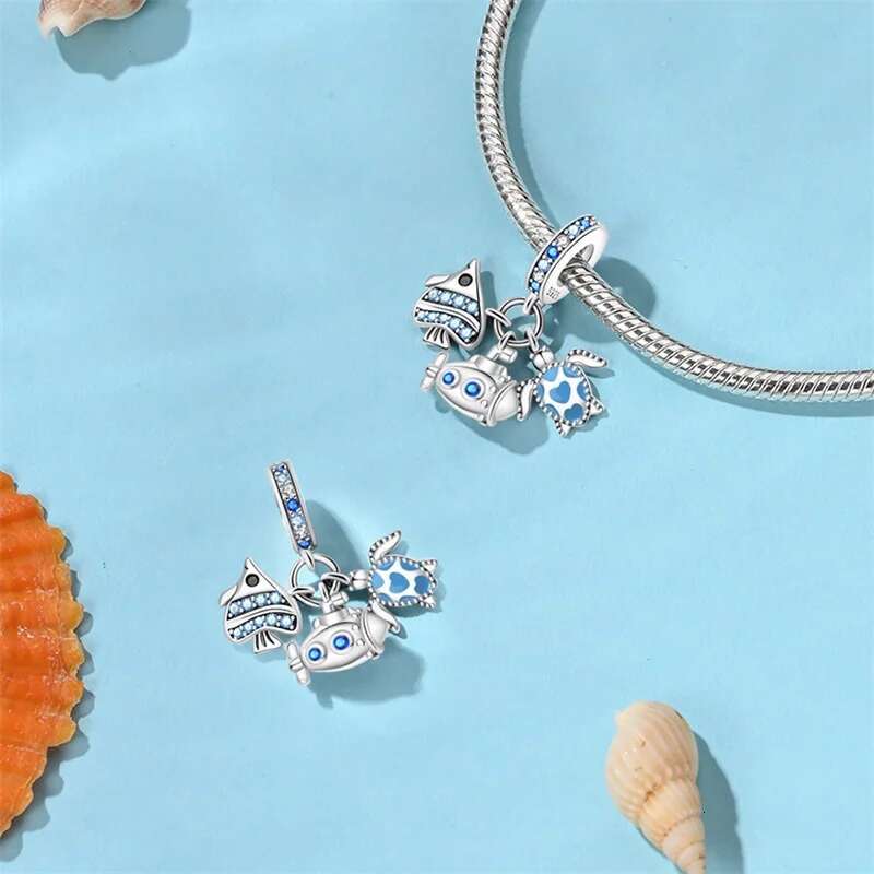 925 Sterling Silver Blue Ocean Ship Lighthouse Starfish Turtle Dolphin Charms Pendants Fit Original Bracelets DIY For Women's Gifts Jewelry