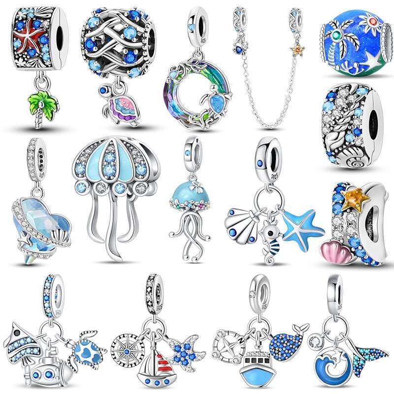925 Sterling Silver Blue Ocean Ship Lighthouse Starfish Turtle Dolphin Charms Pendants Fit Original Bracelets DIY For Women's Gifts Jewelry
