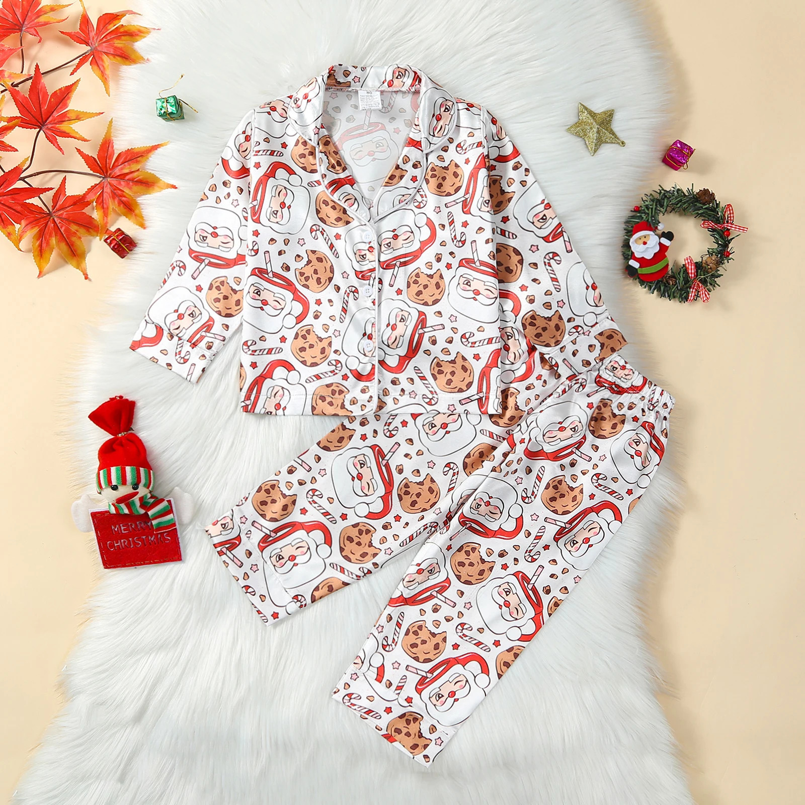 Kids Children Christmas Pajamas Set Satin Silk Santa Claus Cookie Print Long Sleeve Tops with Pants Sleepwear For Girls Boys 240911