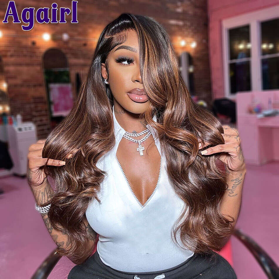 Highlight Brown Blonde 100% Human Hair Wigs 13x6 Transparent Frontal Pre Plucked Ready Go 13x4 Body Wave Lace Front Wig