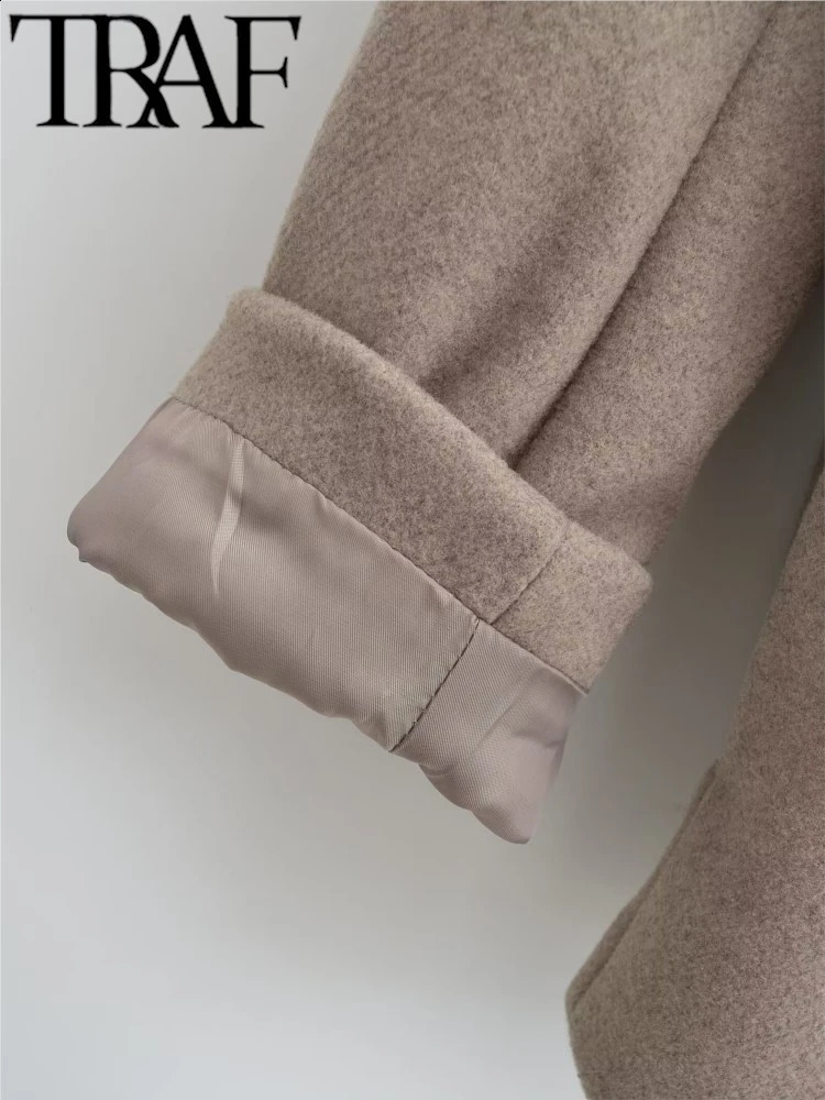 TRAF GAL 2024 Winter Women Woolen Coat Stand Collar Double Breasted Loose Jacket Female Office Long Sleeve Overcoat Grey y2k 240913