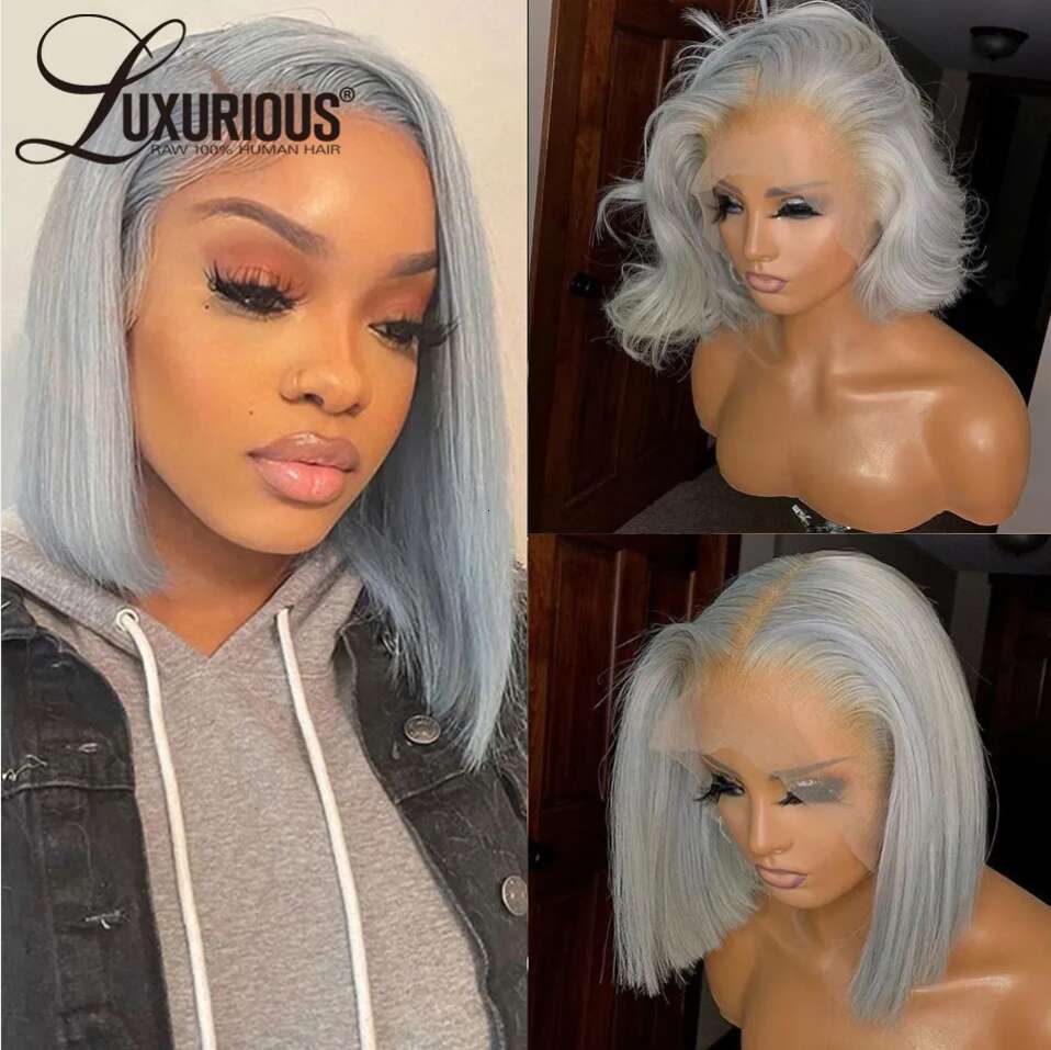 URIOUS Sliver Grey Short Bob Human Wigs For Women 13x4 Transparent Lace Frontal Straight Brazilian Remy Hair Wig