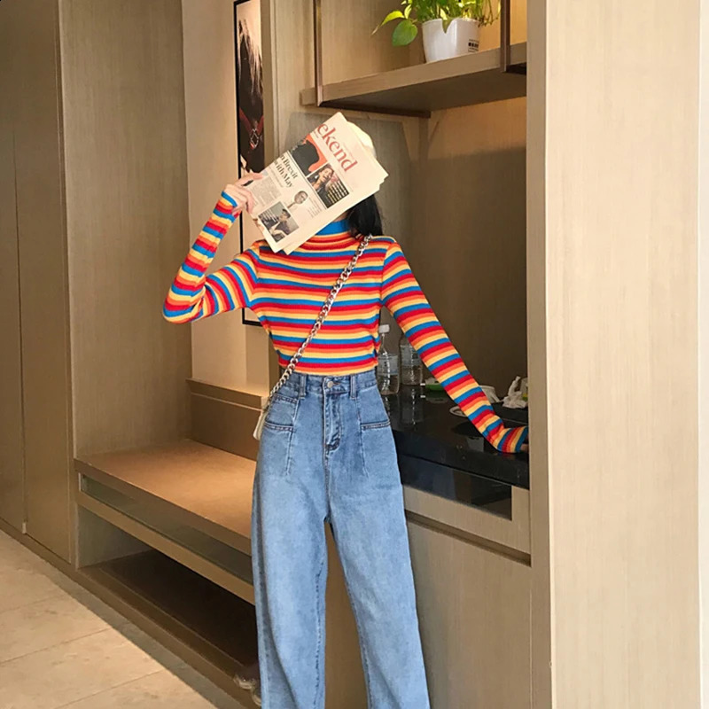 Winter Rainbow Knitted Women Sweaters And Long Sleeve Casual O-Neck Pullovers Sueter Mujer Tops Striped Turtleneck Jumper 240912