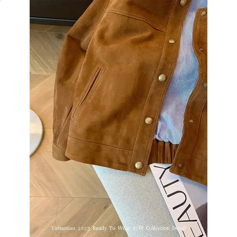 GkyocQ Korean Fashion Women Coat O Neck Long Sleeve Single Breasted Chamois Leather Short Jacket All Match Female Coats Tops 240918