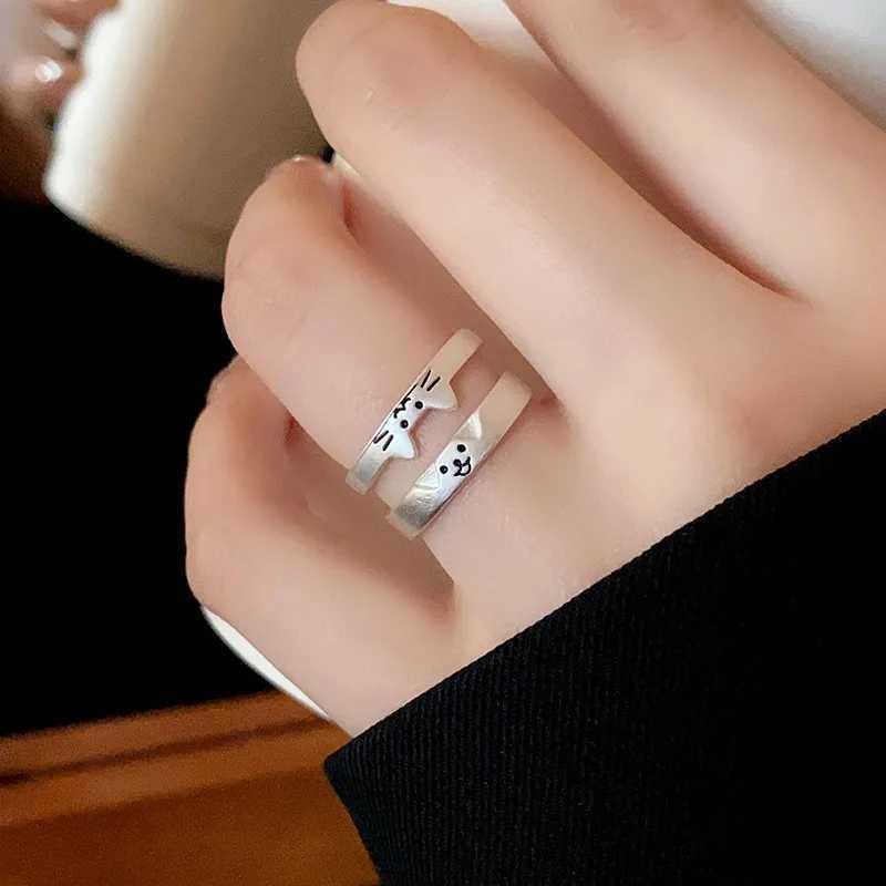 Cat Dog Couple Rings Cute Cartoon Sliver Color Ring for Women Men Adjustable Open Alloy Finger Rings Lovers Dating Jewelry GiftsX240921