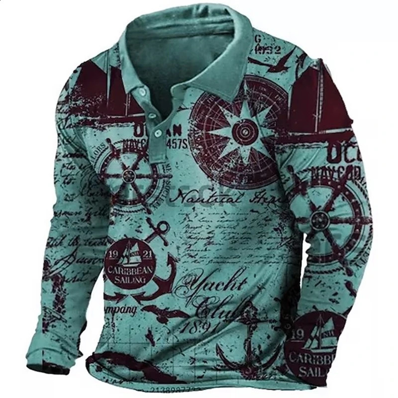 Retro Nautical Anchor Compass 3D Printed Long Sleeve Polo Shirt for Men Flip Collar Casual Fashion Streetwear Hombre Ropa Top 240921
