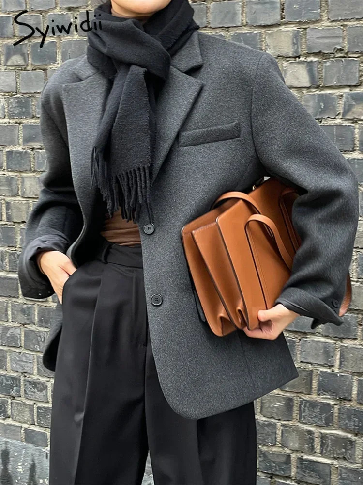 Syiwidii Vintage Grey Woolen Blazer for Women Fall Winter Office Ladies Long Sleeve Jacket Y2k Oversized Casual Coats 240918