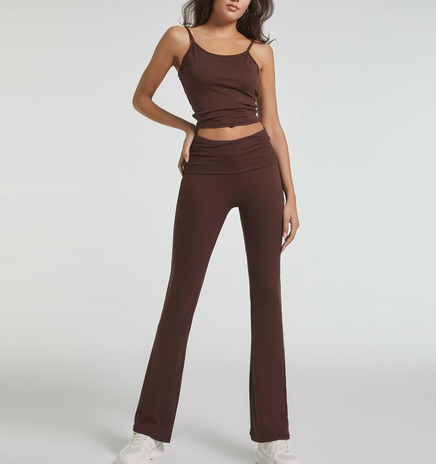 Casual Workout Two Piece Outfits For Women Short Sleeve Crop High Waist Foldover Flare Pants Tracuit Sets Streetwear