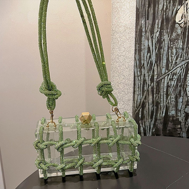 2024 New Transparent Acrylic Box Evening Dress Handbag Women's Boutique Weaving Rope Rhie Wallet and Handbag Wedding Party Supplies Free Shipping