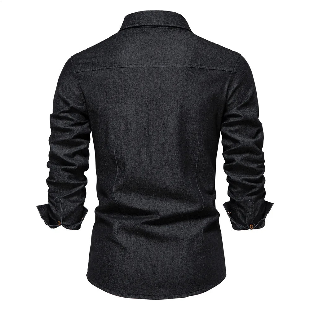 Mens denim shirt highquality cotton elastic spring long sleeved jacket casual slim fit streetwear 240921