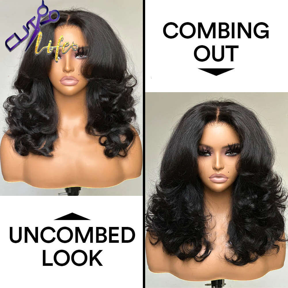 Wear To Go Inspired Layered Wig With Curtain Bang Wavy Light Yaki Straight 4x4 Lace Closure Human Hair Wigs 34 Inches Glueless
