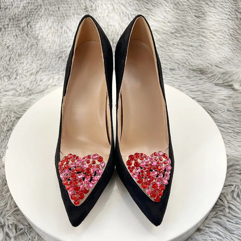 12cm womens high heels black velvet high heels party shoes nightclub shiny diamond square buckle black satin single shoes 240919