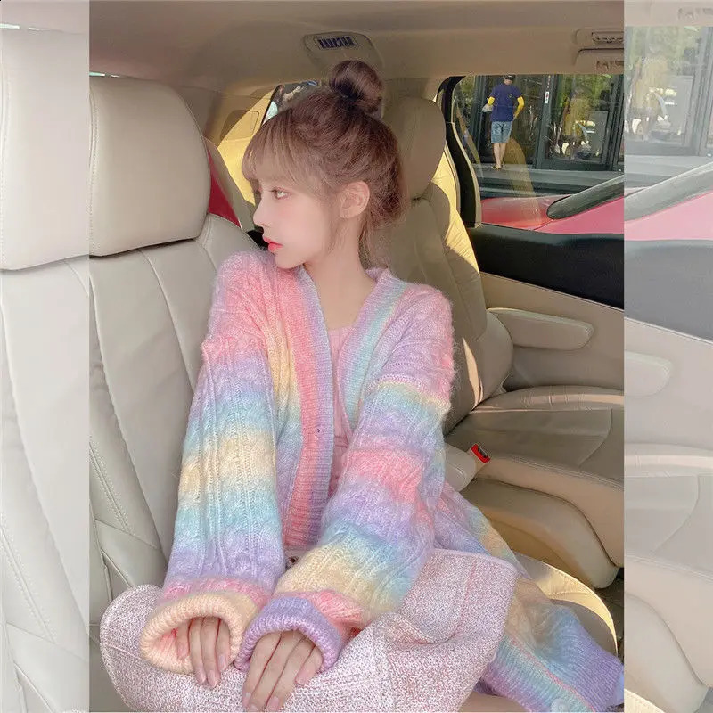 Rainbow Knitted Cardigan Women Autumn winter Sweet Kawaii Sweater Coat Female Long Korean Button Down Cardigan Fall Women 240912