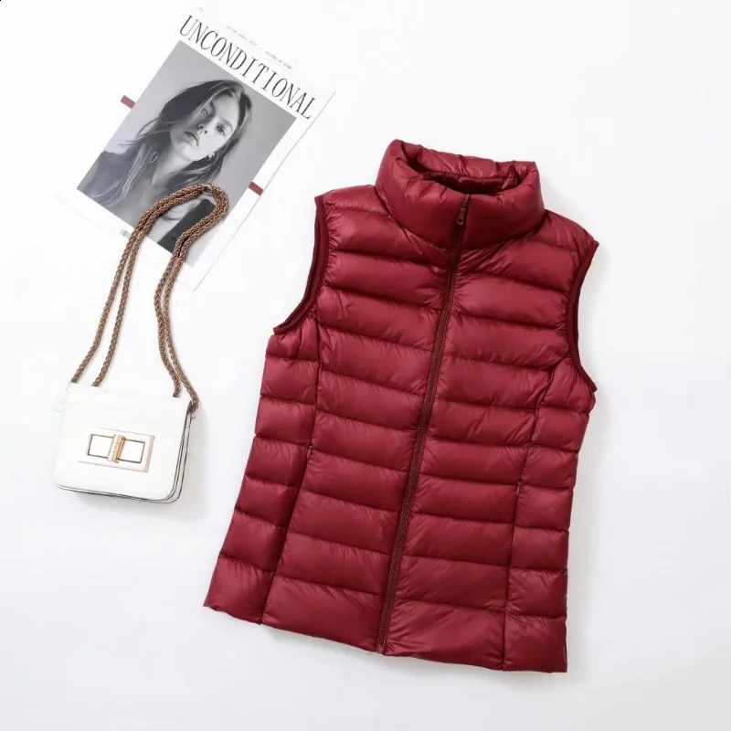 11 color womens vest for Chinese Year windproof lightweight warm waist coat sleeveless inflatable jacket white duck down park 240921