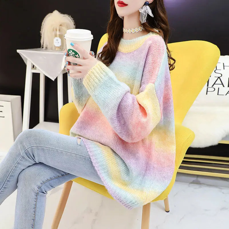 Autumn Winter Women Sweater Rainbow Sweaters Tie Dye Pullover O-Neck Long Loose Striped Female Knit Top Wear 240912
