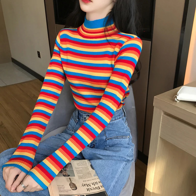 Winter Rainbow Knitted Women Sweaters And Long Sleeve Casual O-Neck Pullovers Sueter Mujer Tops Striped Turtleneck Jumper 240912