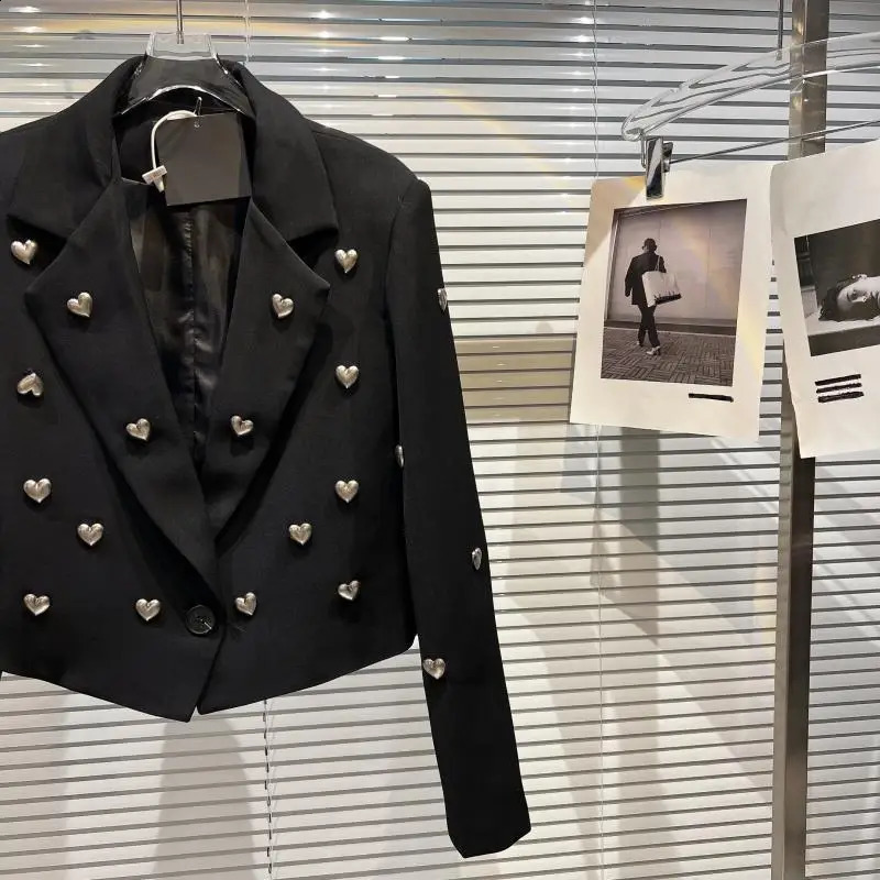 Heart shaped bead decoration black short jacket womens jacket spring slim fit notch collar long sleeved single button womens suit jacket 240918